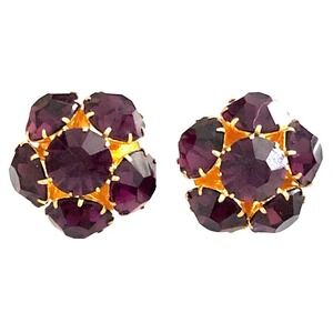 Vintage Purple Domed Cluster Rhinestone Gold Tone Clip Earrings